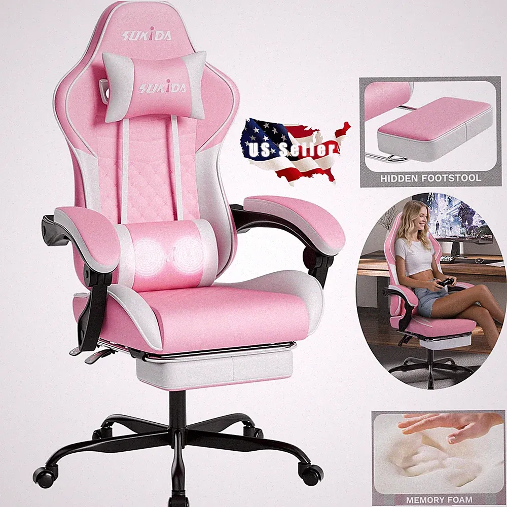 Pink Gaming Comfy Computer Chair With Footrest For Girls Ergonomic
