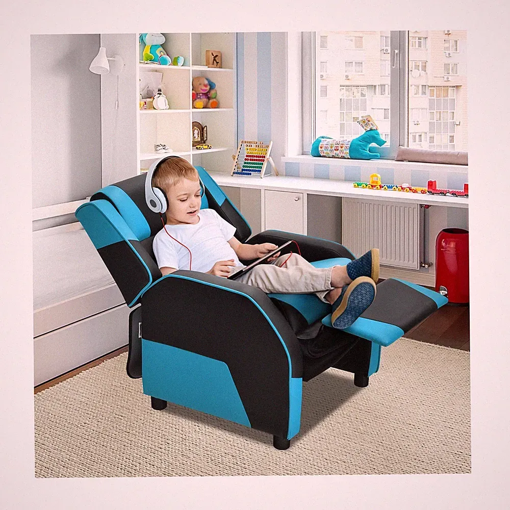Youth Kids Gaming Sofa Recliner w/ Headrest & Footrest Blue and Black Color