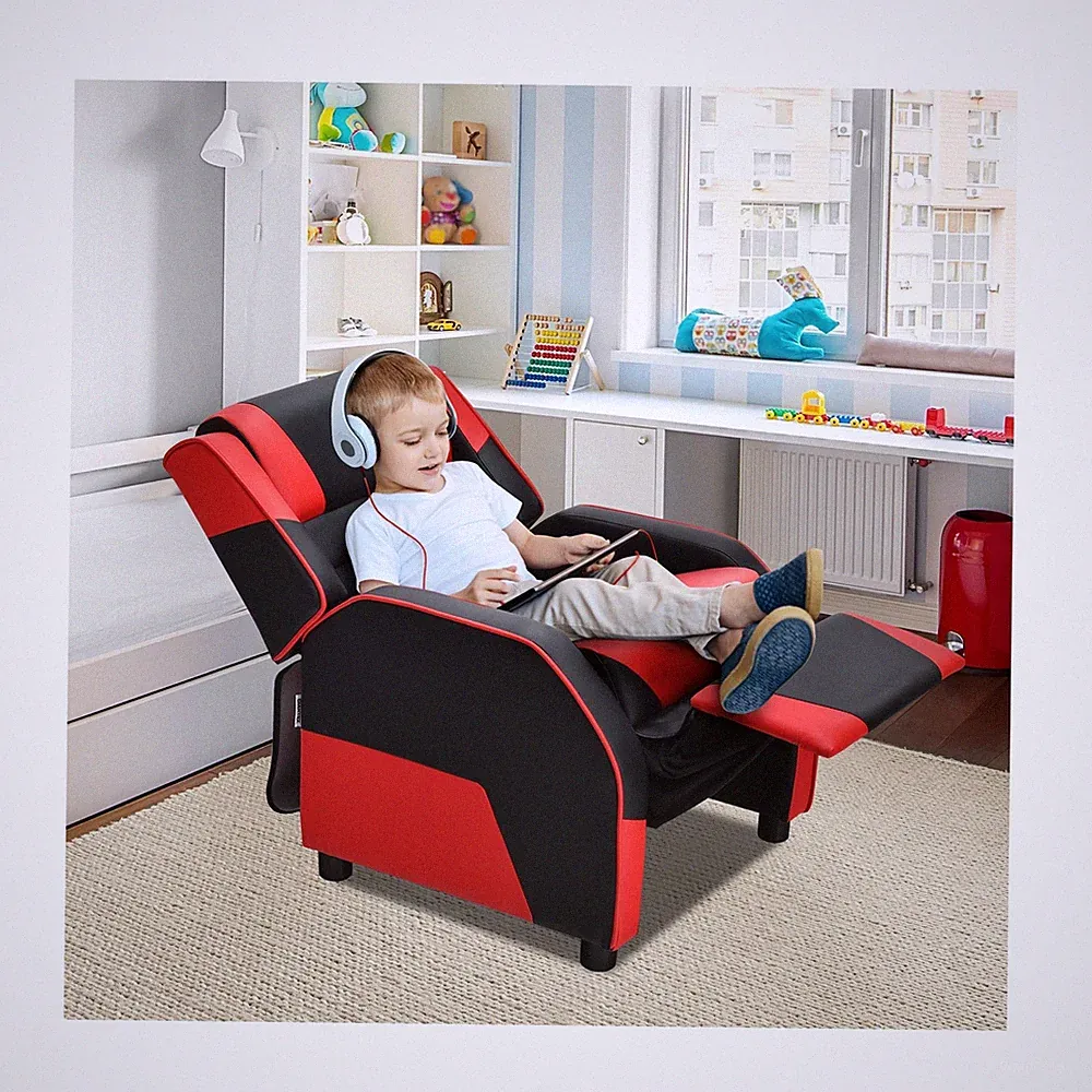 Youth Kids Gaming Sofa Recliner w/ Headrest & Footrest Red and Black Color